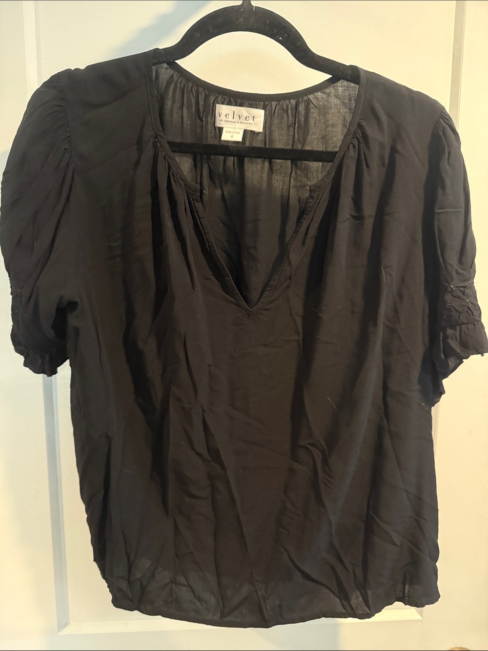 Velvet Black Short Sleeve V-Neck Blouse